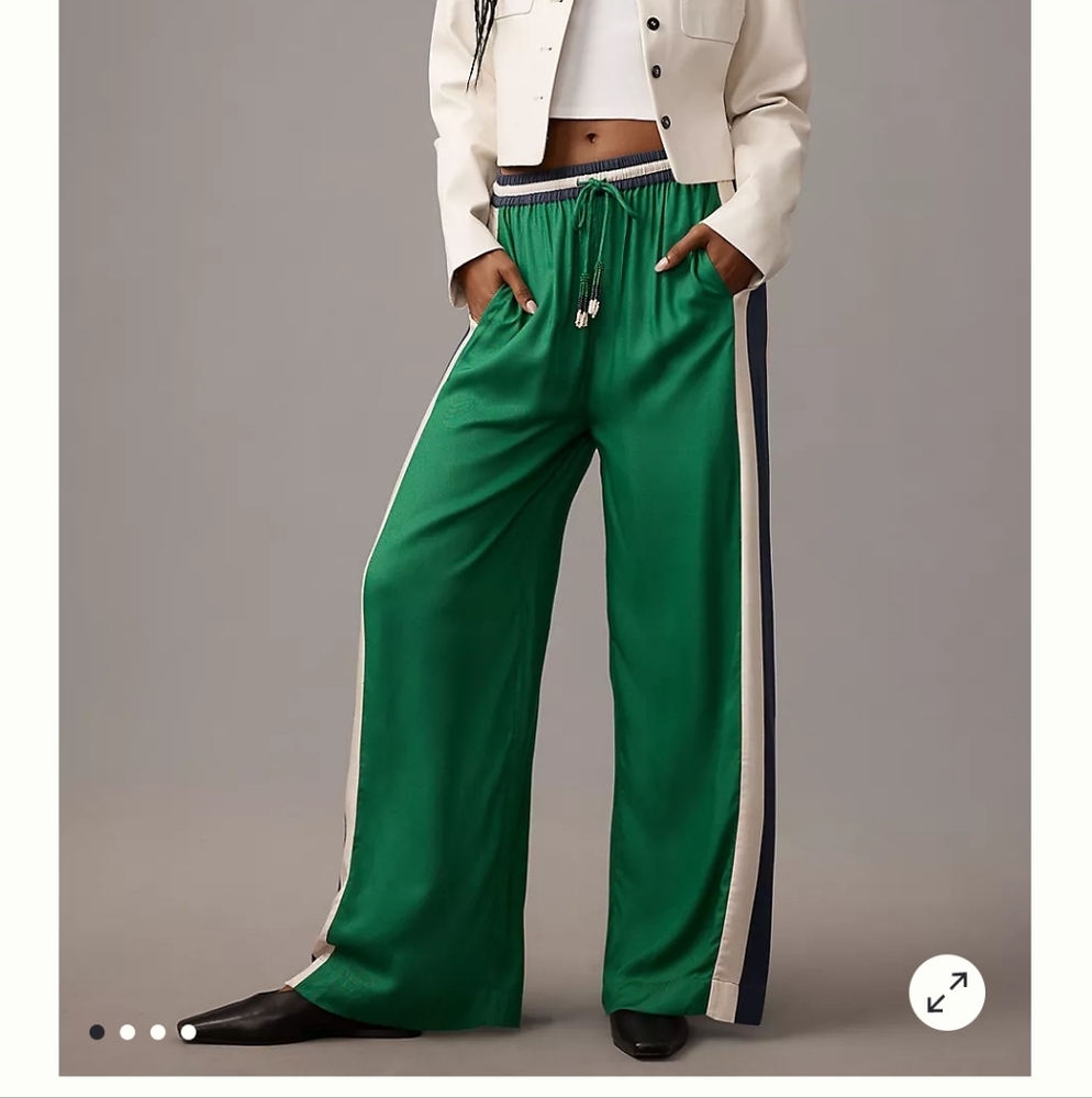 FARM Rio Green Wide-Leg Track Pants with Cream & Navy Side Stripes